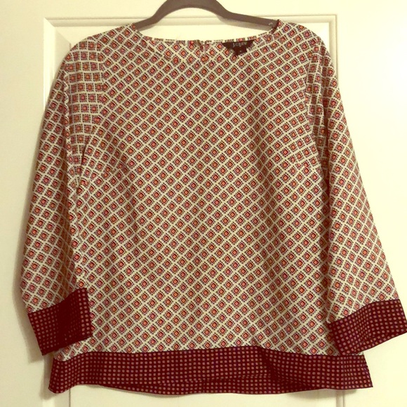 J. Crew Tops - J.Crew 3/4 Sleeve blouse white orange navy pattern